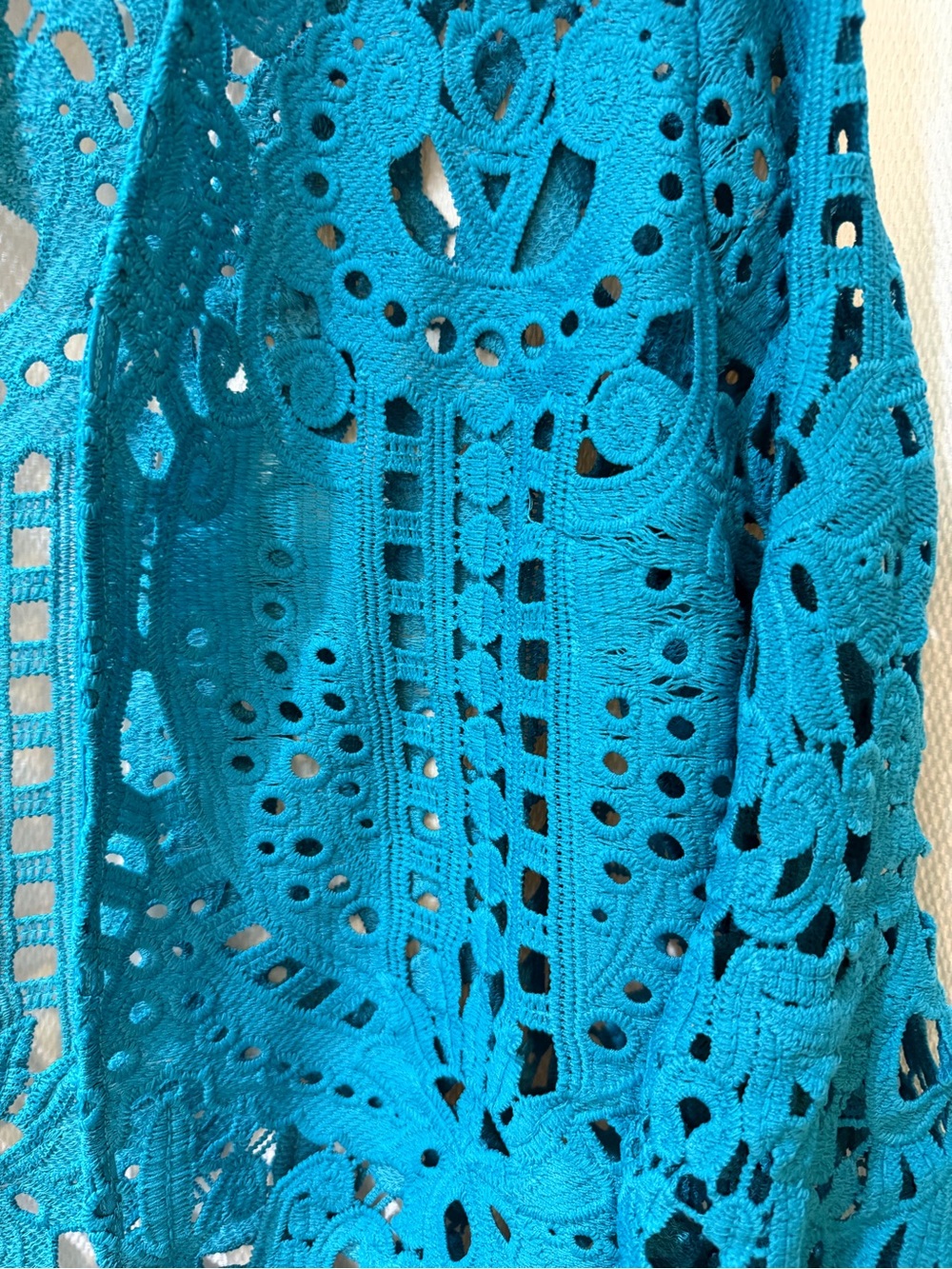 Chico's Teal/ Turquoise Crochet Openwork Cardigan size Medium. - Picture 6 of 7